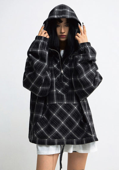 【People Style】Regular dark base color check design half zip hoodie  PS0049