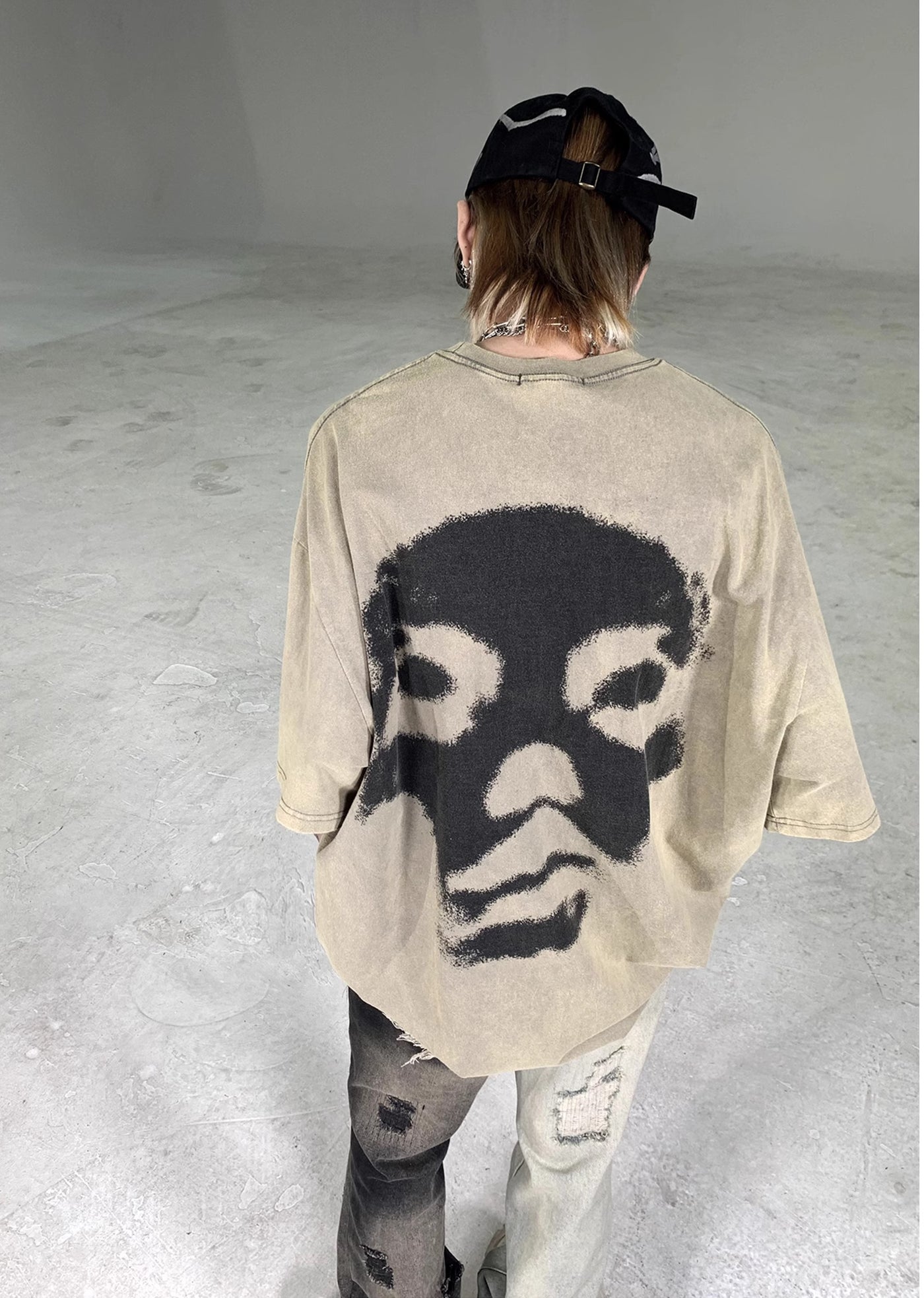【7/15新作】Back print skull design oversized silhouette dull short sleeve T-shirt  HL3063