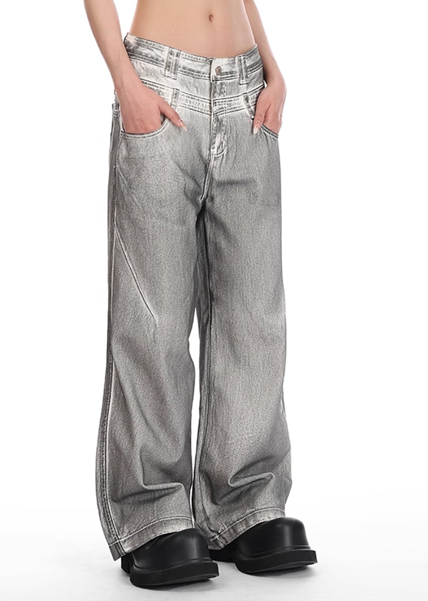 【VINMUK】White gray wide flare silhouette double waist denim pants  VM0009