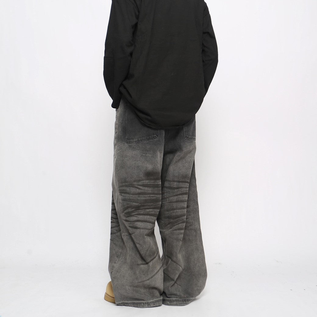 【Mz】Gradient gray black color wide straight denim pants  MZ0038