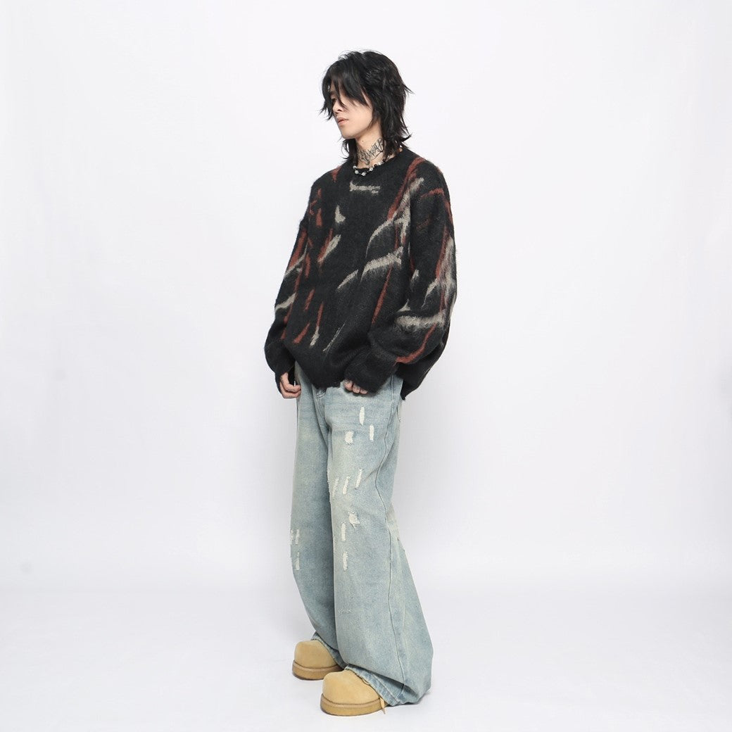 【Mz】Dark multi-color design mohair silhouette knit sweater  MZ0039