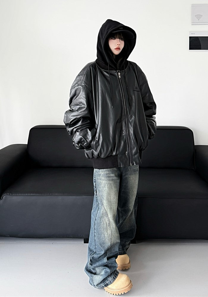 【W3】Hoodie plus faux leather style black jacket  WO0080