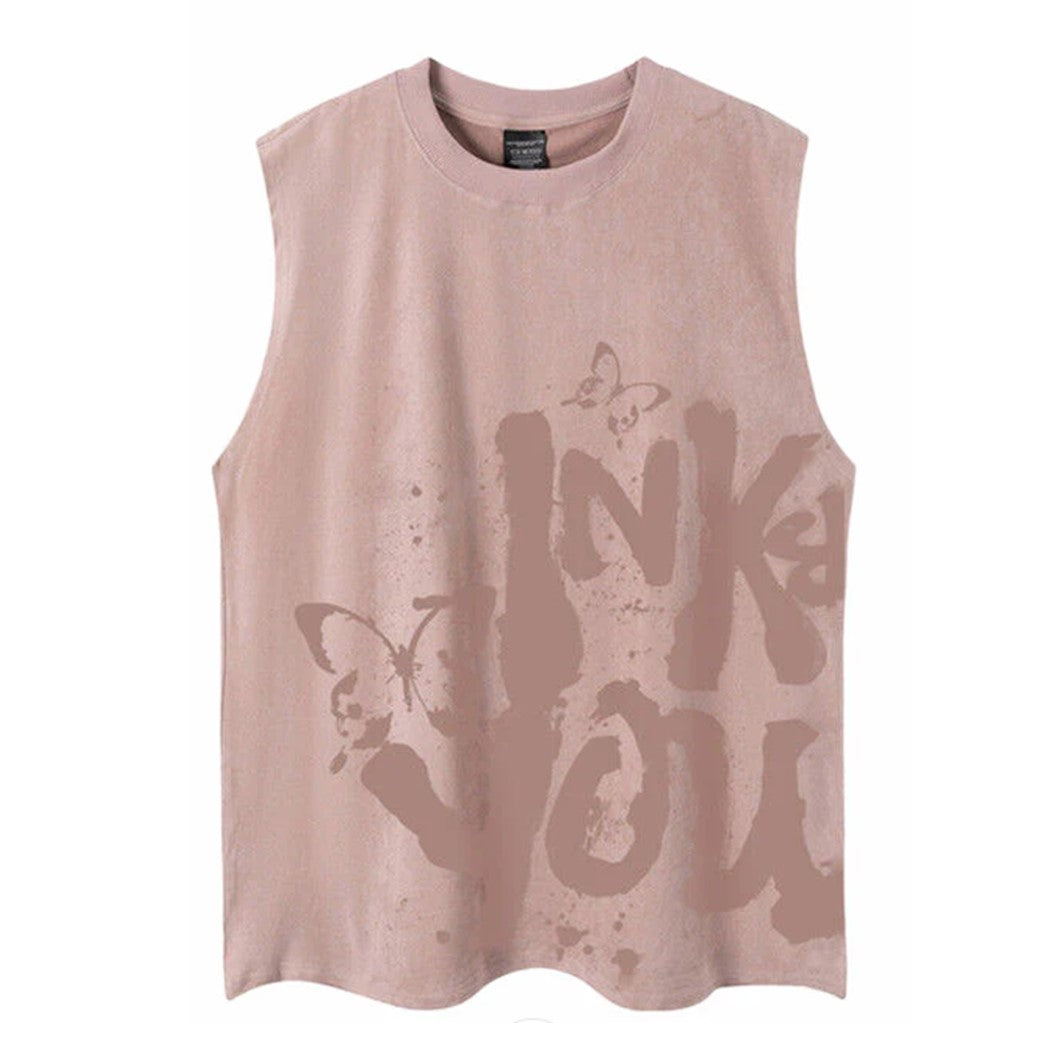 【VEG Dream】Dull base color point initial design sleeveless T-shirt  VD0240