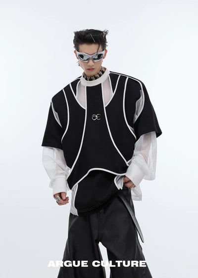 【Culture E】Gimmick countless line design monotone color layered long sleeve T-shirt  CE0150