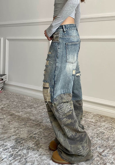 【Apocket】Gimmick fabric change wide flare silhouette grunge color denim pants  AK0040