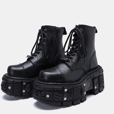 【7/1新作】Big platform silhouette design black leather boots  HL3049