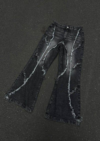 [MAXDSTR] Fringe distressed line black high wide denim pants MD0141