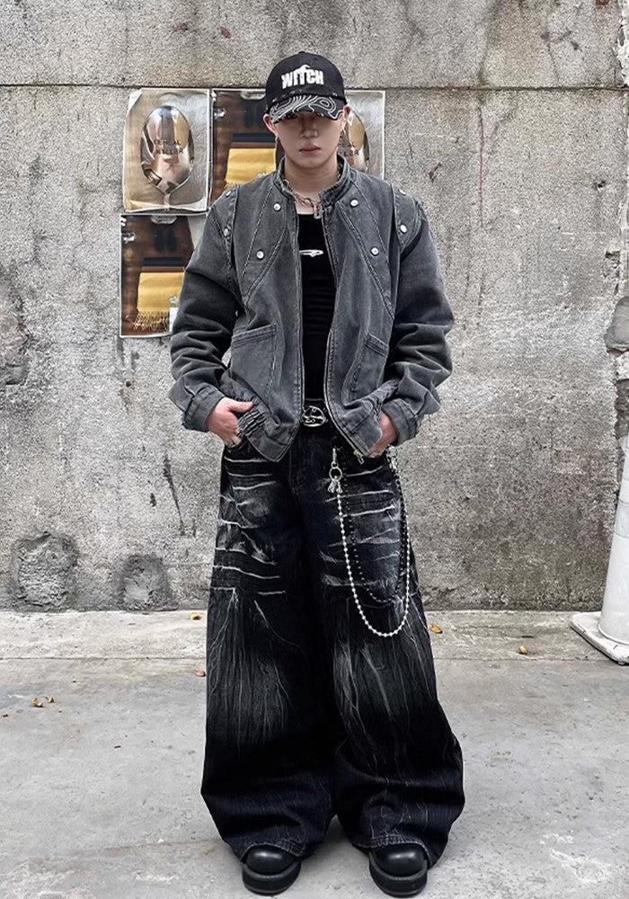 【DARKFOG】Fully washed design basic black denim pants  DF0041