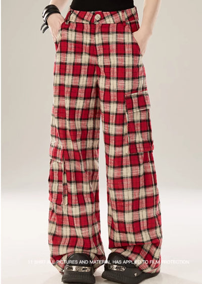 【Eleven shop97】Red check color wide silhouette subculture pants  ES0018