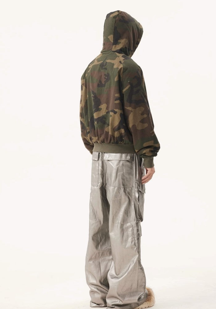 【BTSG】Metallic silver glossy design wide over cargo pants  BS0043