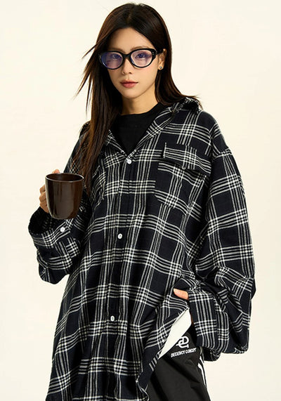 【H GANG X】Basic gray color check pattern design loose long sleeve shirt  HX0094