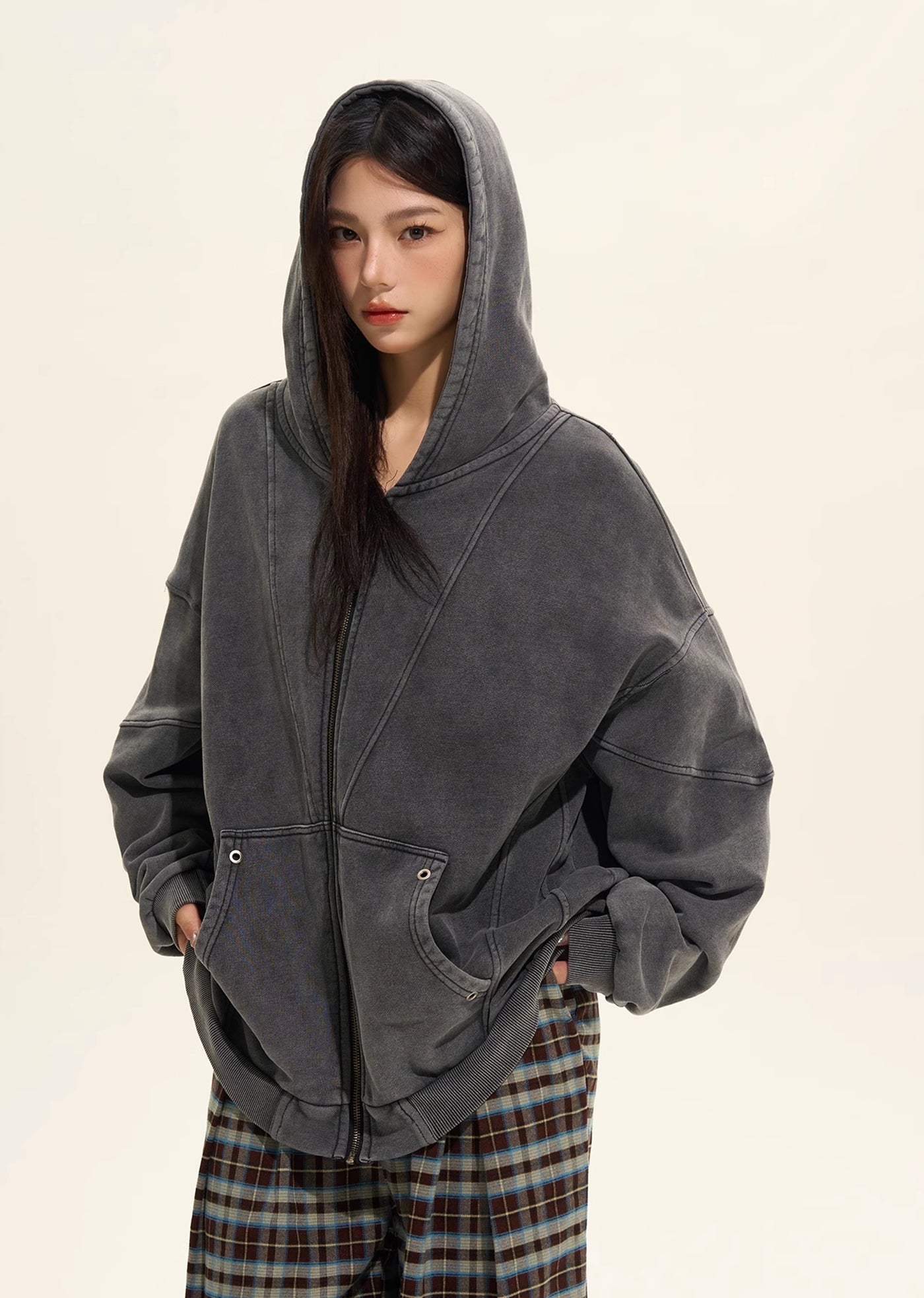 【H GANG X】Simple dull grey full zip style hoodie  HX0074