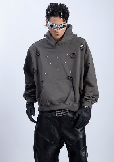 【PLAN1ONE】Front patch design mid-distressed hoodie  PL0041