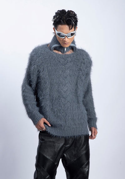 【PLAN1ONE】Mohair-like soft design dull color base knit sweater  PL0048