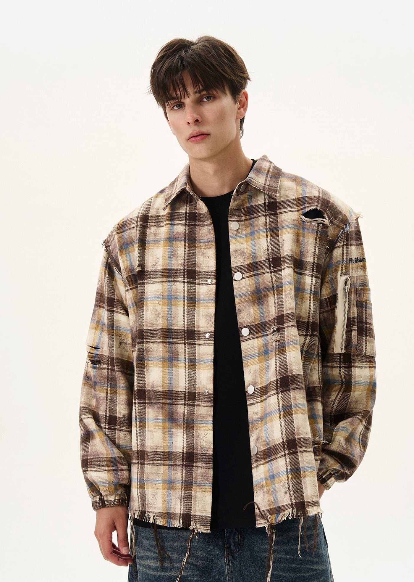 【MAXDSTR】Mid-distressed check pattern basic style antithesis long sleeve shirt  MD0200