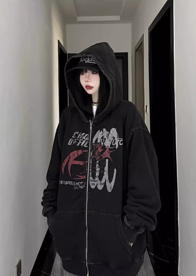 【W3】Double half and half gimmick design full zip grunge hoodie  WO0074