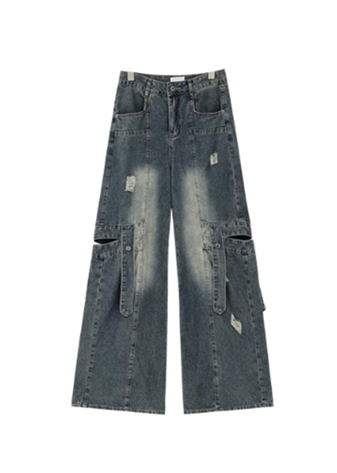 【Ken studio】Suspender design blue washed denim pants  KS0007