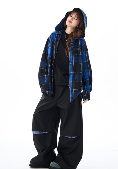 【H GANG X】Back print blue navy color check design full zip hoodie  HX0097