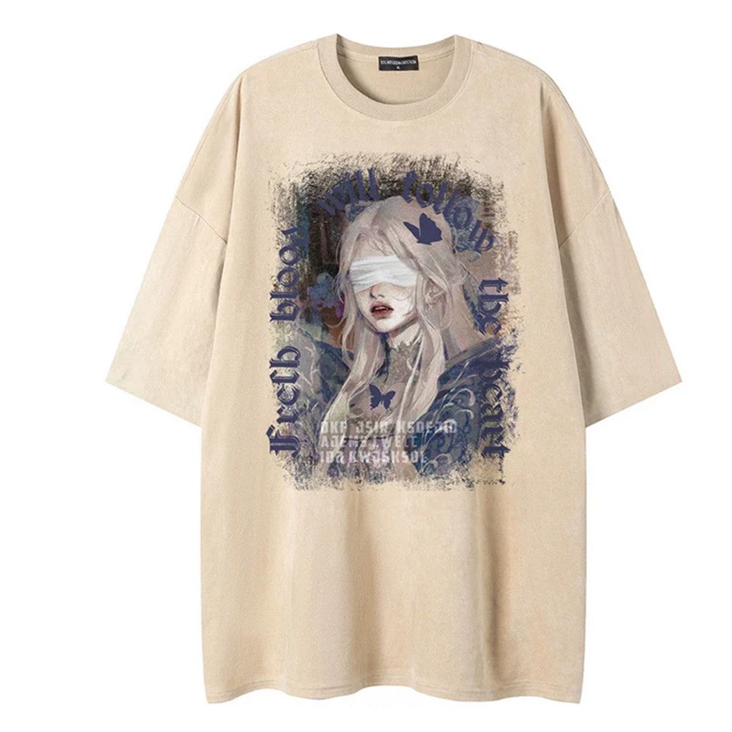 【NIHAOHAO】Girl print oversized repainted design short sleeve T-shirt  NH0144