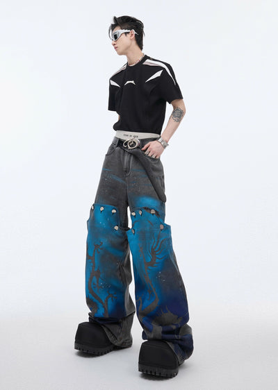 [Culture E] Blue flame design on hem area Brightly colored dull denim pants CE0127