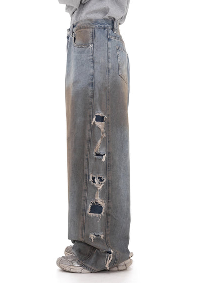 【GIBBYCNA】Grunge style stain design draw damage wide denim pants  GC0017