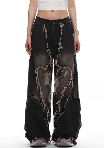 【VINMUK】Line damage full design dull black denim wide pants  VM0001