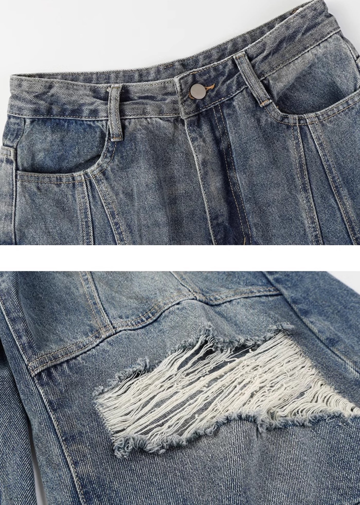 【MAXDSTR】Mid-length distressed dull blue wide denim pants  MD0160