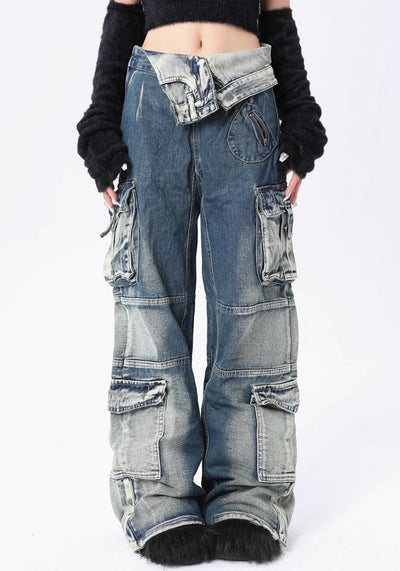 【ROY11】Random wash gimmick design cargo denim pants  RY0010