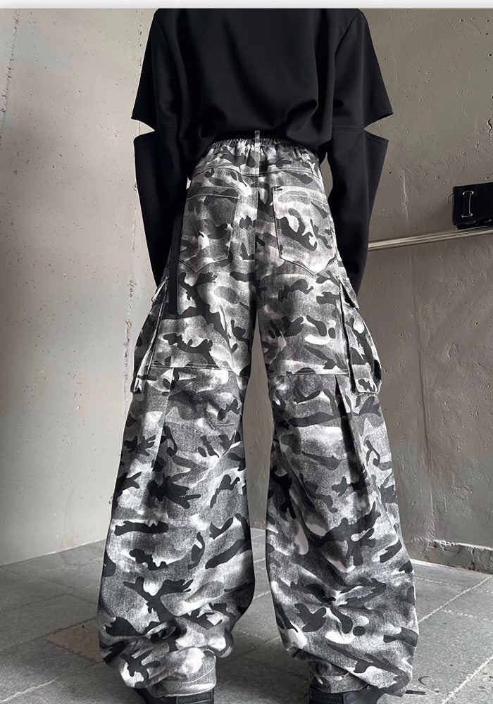 【MARTHENAUT】Dark monotone camouflage color design wide cargo pants  MH0039