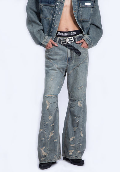 【PLAN1ONE】Grunge scattered distressed vintage style flared denim pants  PL0043