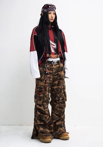 【People Style】Wide silhouette camouflage design dark color cargo pants  PS0044