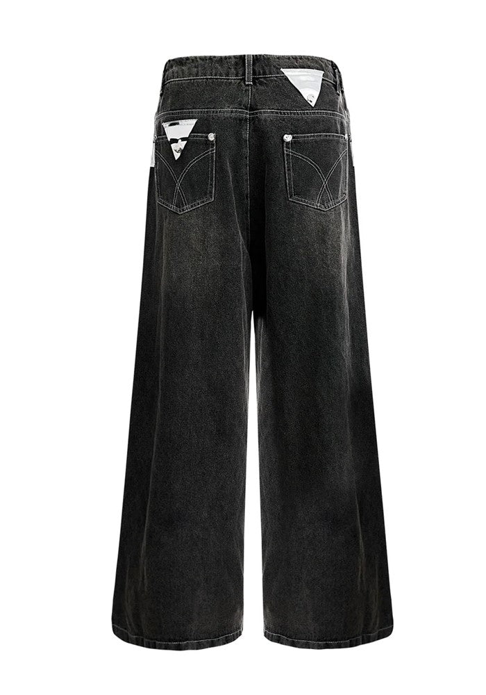 【Culture E】Countless patch design gimmick silhouette dark black denim pants  CE0154