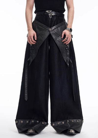 【STARTEXCEEDEND】Leather plus slacks fabric design gimmick wide pants  SC0002