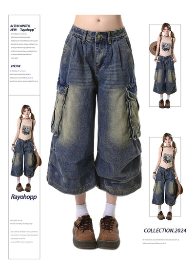 【Rayohopp】Dull wash wide silhouette denim shorts  RH0131