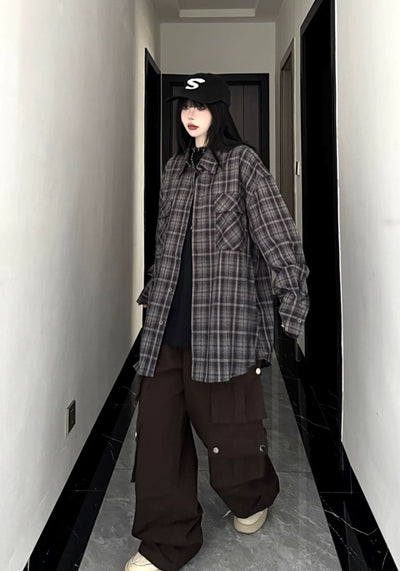 【W3】Basic dark color check pattern design long sleeve shirt  WO0085