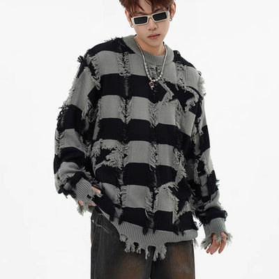 【NIHAOHAO】Fully distressed vintage star pattern knit sweater  NH0163