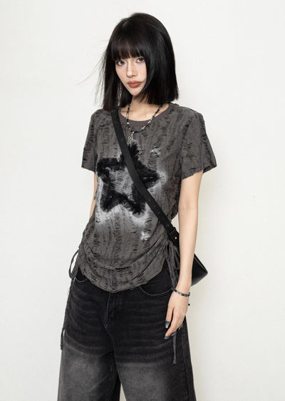 【ZERO STORE】Grunge style star design front short sleeve T-shirt  ZS0040