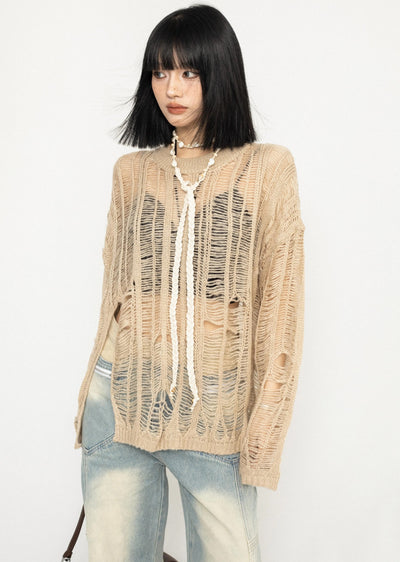 【ZERO STORE】Over-distressed grunge-style see-through knit sweater  ZS0045