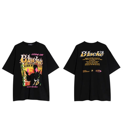 【NIHAOHAO】Band Street Illustration Style Black Short Sleeve T-Shirt  NH0141