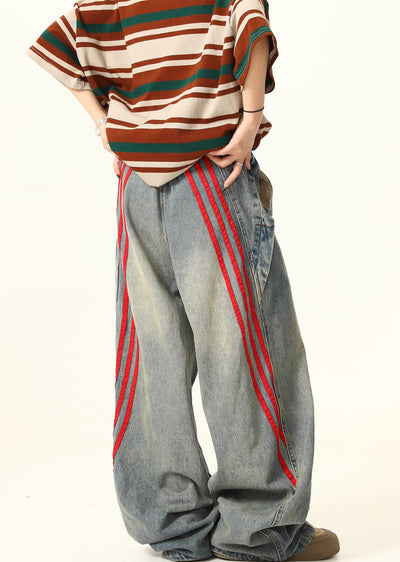 Double Red Line Design Washed Denim Pants  HL3060