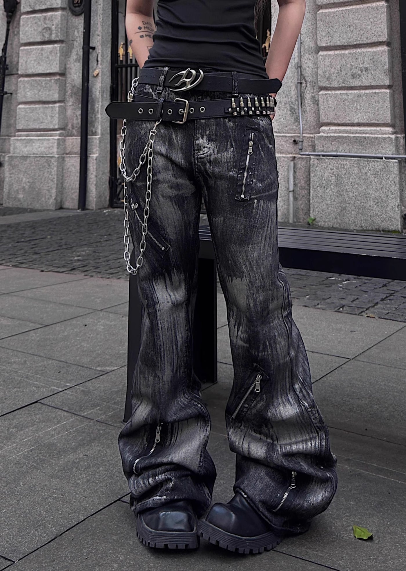 【TR BRUSHSHIFT】Wide silhouette dull black wash color denim pants  TB0044