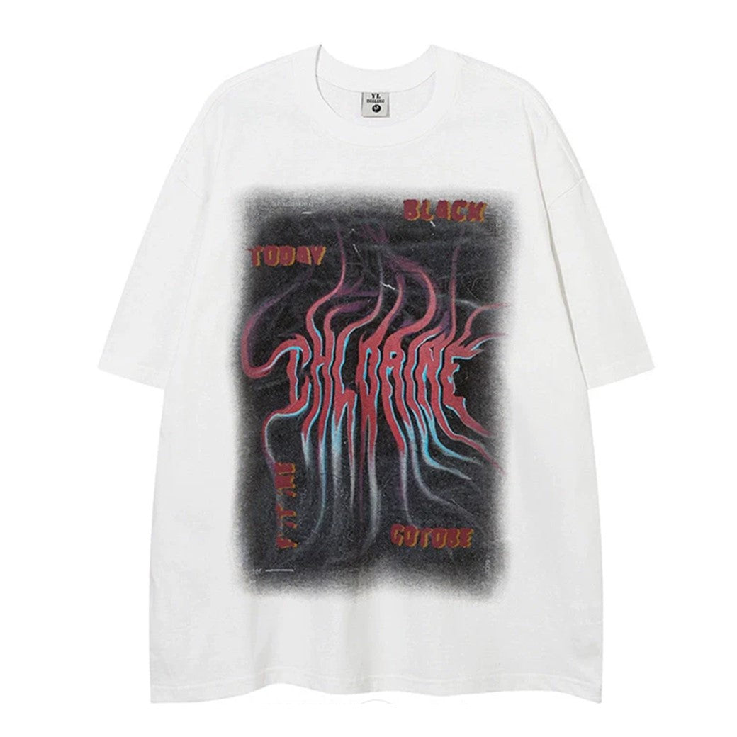 【NIHAOHAO】Distortion initial front design wave over short sleeve T-shirt  NH0126
