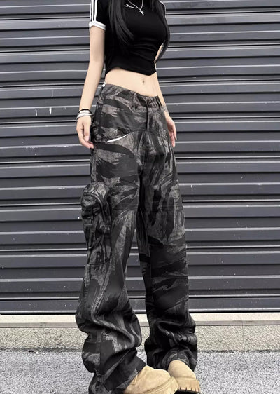 【W3】Dark camouflage design wide straight silhouette pants  WO0076