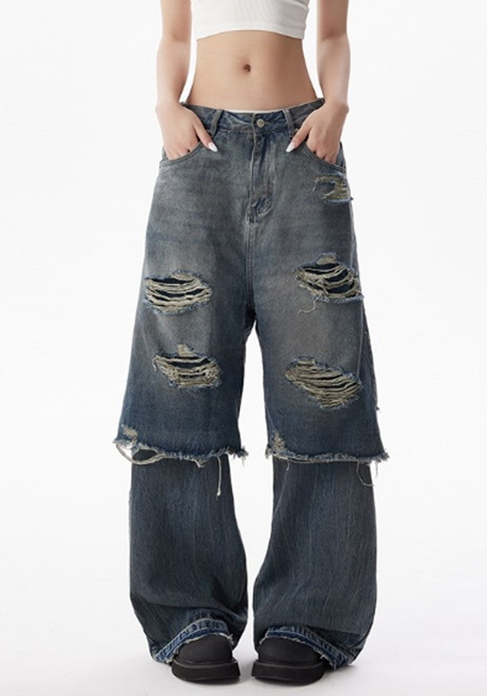 【H GANG X】Mid-length distressed half-docking layered style denim pants  HX0102