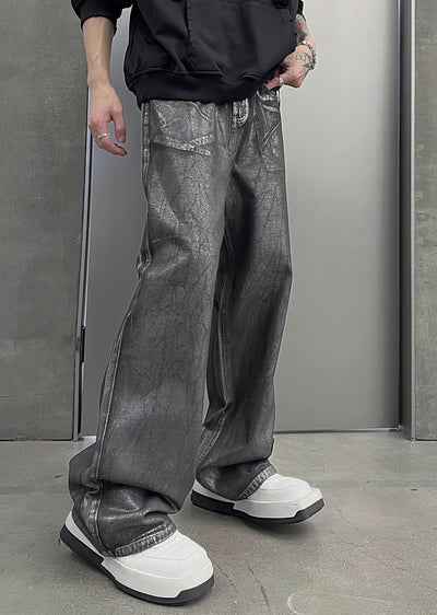 【SOULWORKER】Dark grey glossy design wide flare style denim pants  SW0030