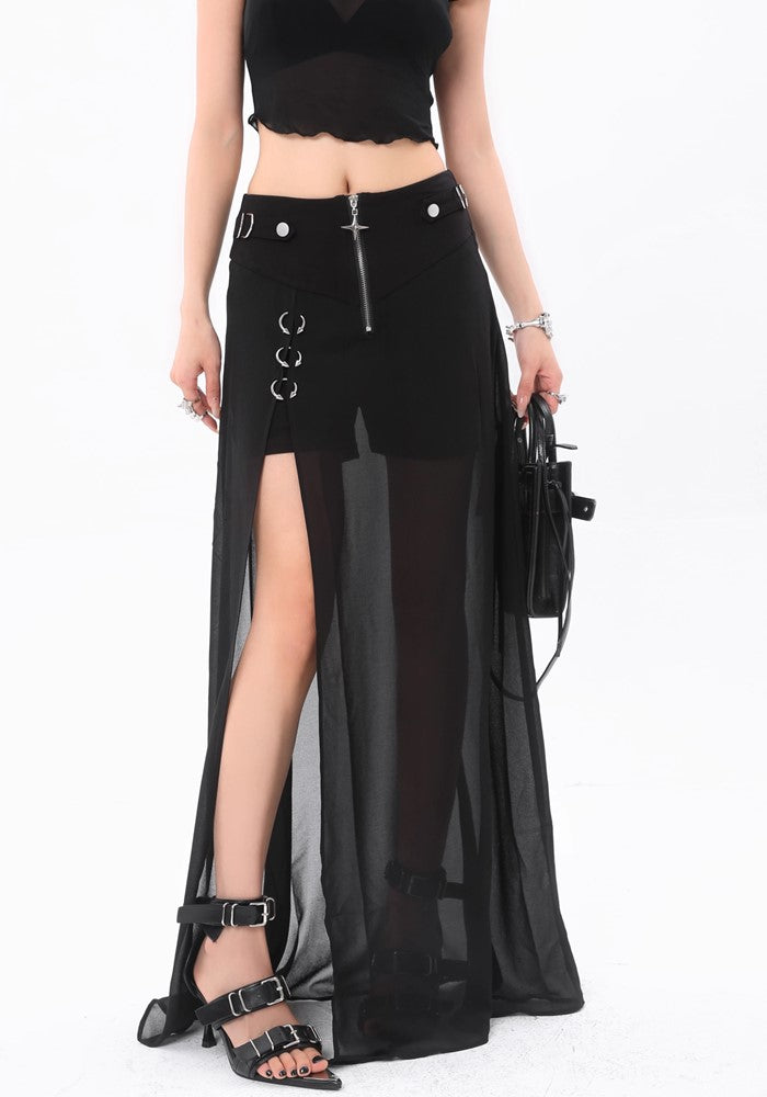 【ROY11】See-through design flared over silhouette black skirt  RY0012