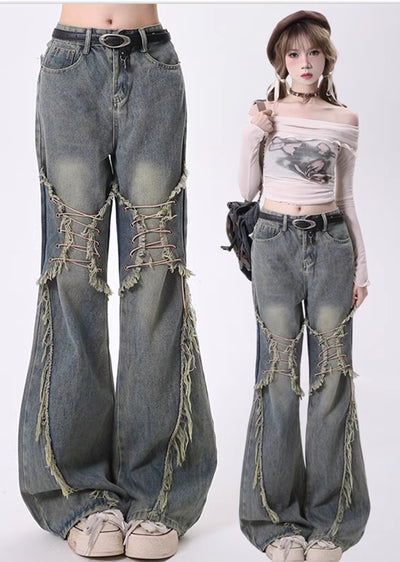 【Rayohopp】Knee fringe shopper design flared denim pants  RH0118