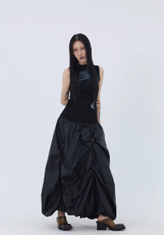 【FUZZYKON】Special tuck design silhouette black wide poncho style skirt pants  FK0033