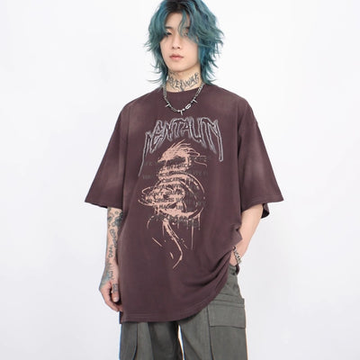 [Mz] Grunge style dull color wash dealer front short sleeve T-shirt MZ0024