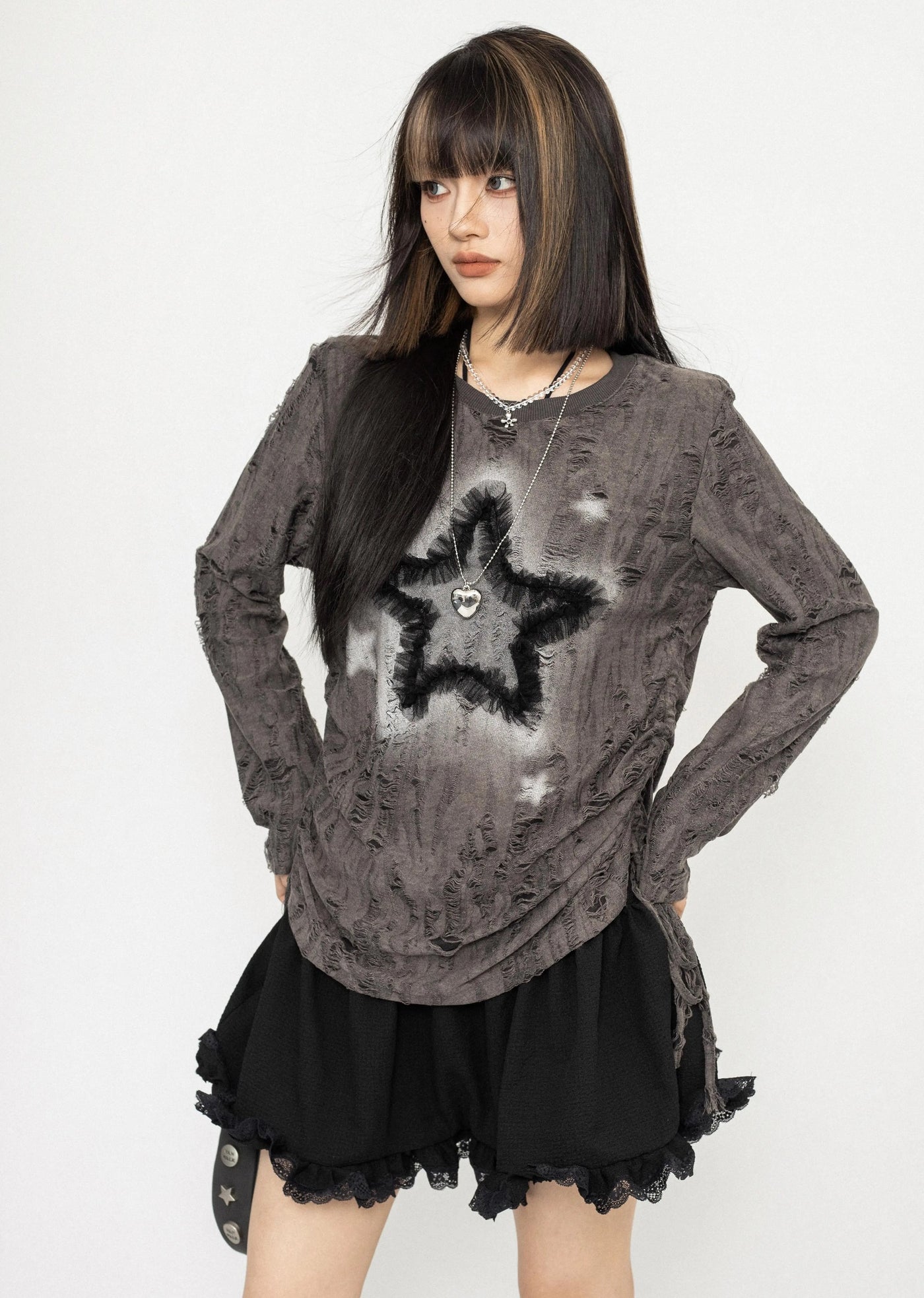 【ZERO STORE】Grunge dull star design messy long sleeve T-shirt  ZS0048